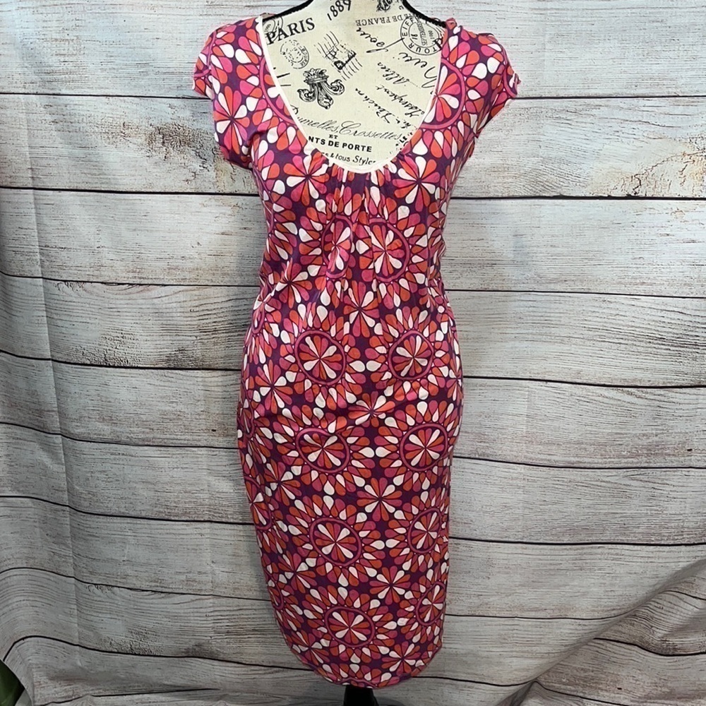 Boden Dress Cap Sleeves Size 4L Long Pink Red Retro Jersey Knit